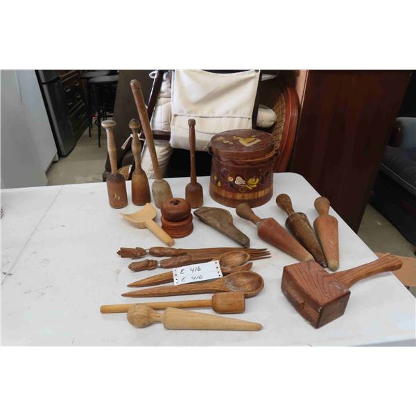 Wood Kitchen Utensils, Spoons, Forks, Mallet