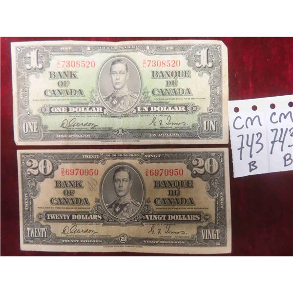 1954 Canada $20  + $1 Bills. 