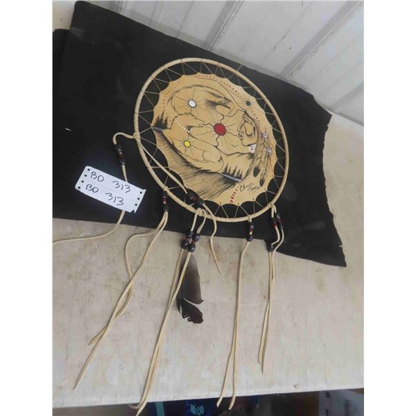 Large First Nations Hand Painted Buckskin Dream Catcher by 