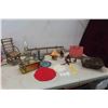 Image 1 : Oil Lamp, Coat Rack, Doilies, Galvinized Candle Holder with Drip Tray, Twig Style Chair, House Fille