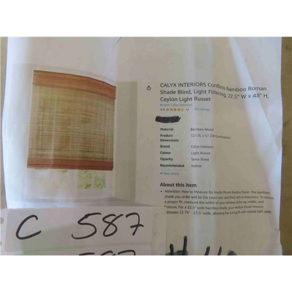 CALYX INTERIORS Cordless Bamboo Roman Shade Blind, Light 