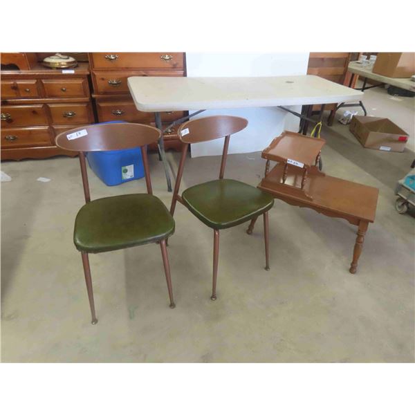 Step Back End Table, 2 Retro Chairs 