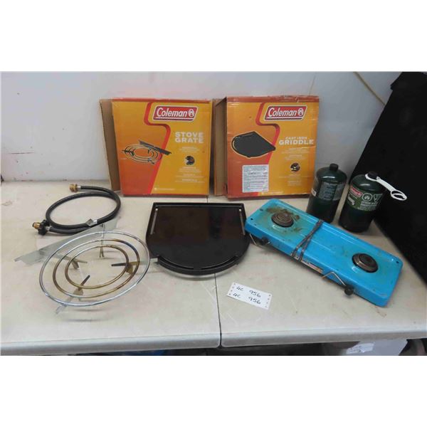 Coleman Stove Grate, Cast Iron Griddle, 5 Bottles Propane, Propane Hose 