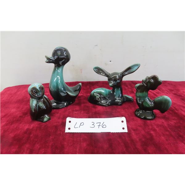 4 Pieces Blue Mountain Pottery: Duck, Deer, Rooster and Owl. Tallest 5 3/4"