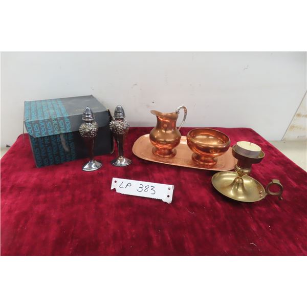 Copper Cream, Sugar & Tray + Brass Candle
