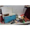 Image 1 : Metal Coleman Cooler Full of Camping Supplies, Dishes, Pots, Plastic Table Cloth etc.