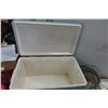 Image 2 : Metal Coleman Cooler Full of Camping Supplies, Dishes, Pots, Plastic Table Cloth etc.