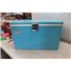 Image 8 : Metal Coleman Cooler Full of Camping Supplies, Dishes, Pots, Plastic Table Cloth etc.