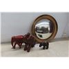 Image 1 : Wall Mirror 14" Diameter and 3 Wooden Elephants Largest 8"  