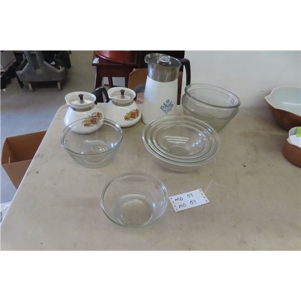 Corningware Tea + Coffee Pots, Anchor + Mixing Bowls 