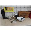 Image 1 : Enamel Basin + Pitcher, 2 Dippers Auto Knitter Hoisery Co. Crate, Boat with Bell, Shed Antlers + 