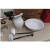 Image 2 : Enamel Basin + Pitcher, 2 Dippers Auto Knitter Hoisery Co. Crate, Boat with Bell, Shed Antlers + 