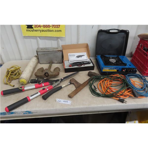 Boat Anchor, Extention Cords + Cordless Prunner, Butane Stove + 