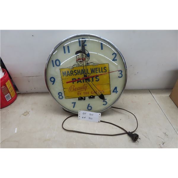 Vintage Marshell Wells Paints Electric Clock 15" Diameter, Crack On Face 