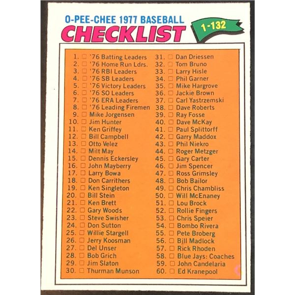 1977 O-PEE-CHEE CHECKLIST