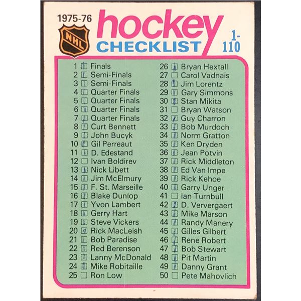 1975-76 NHL TOPPS CHECKLIST