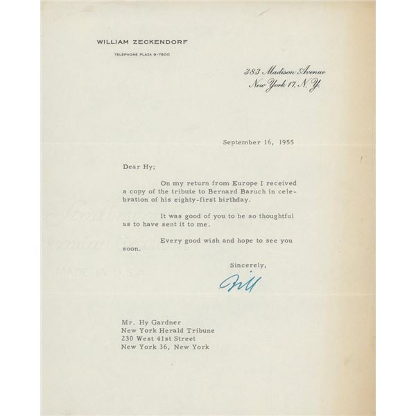 Real Estate Developer William Zeckendorf signed letter