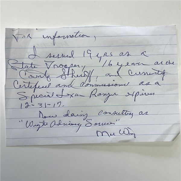 JFK assassination Sheriff Milton Wright signed note