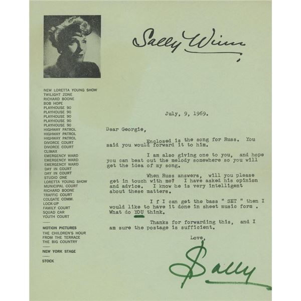 Sally Winn signed personal note and signed sheet music