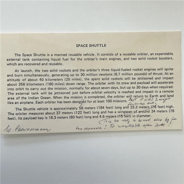 W. Pressernan signed Space Shuttle card