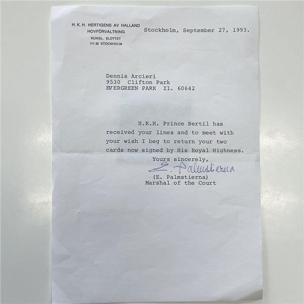 Swedish Politician Erik Palmstierna signed letter on behalf of H.R.H Prince Bertil