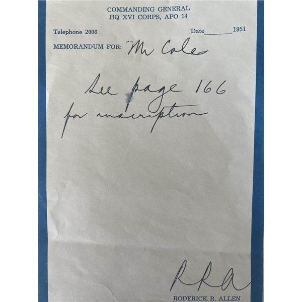 Major General Roderick R. Allen signed note