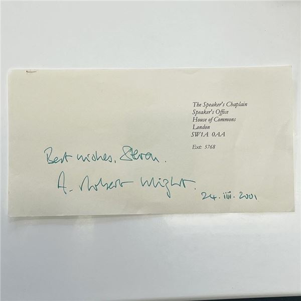 Chaplain to the Speaker of the House of Commons Robert Wright signed note