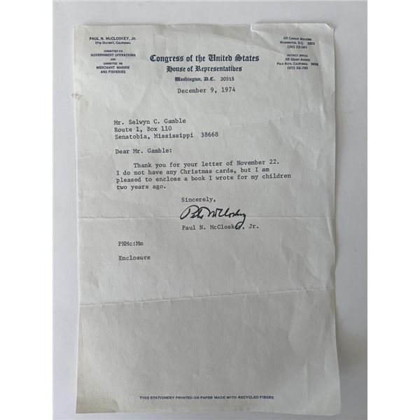 House of Representatives Pete McCloskey signed letter