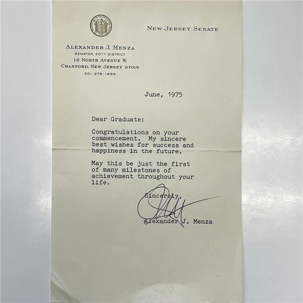 American Politician Alexander J. Menza signed letter