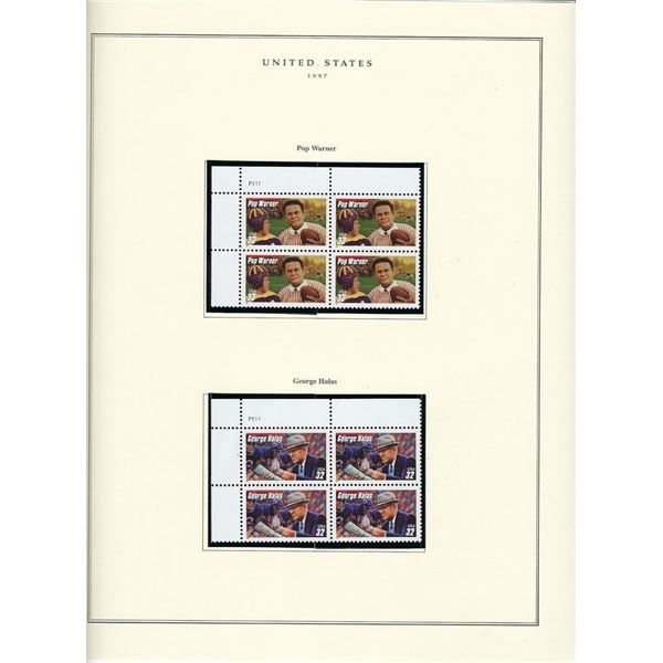 1997 US stamp collector sheet featuring Pop Warner and George Halas stamps