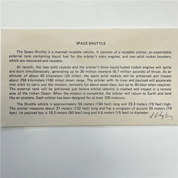 M. Ingler signed Space Shuttle information card