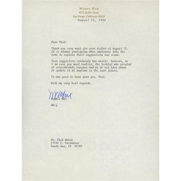Morris Wax signed letter