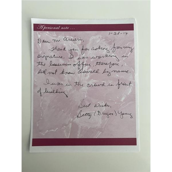JFK Assassination Betty Dragoo Young signed note