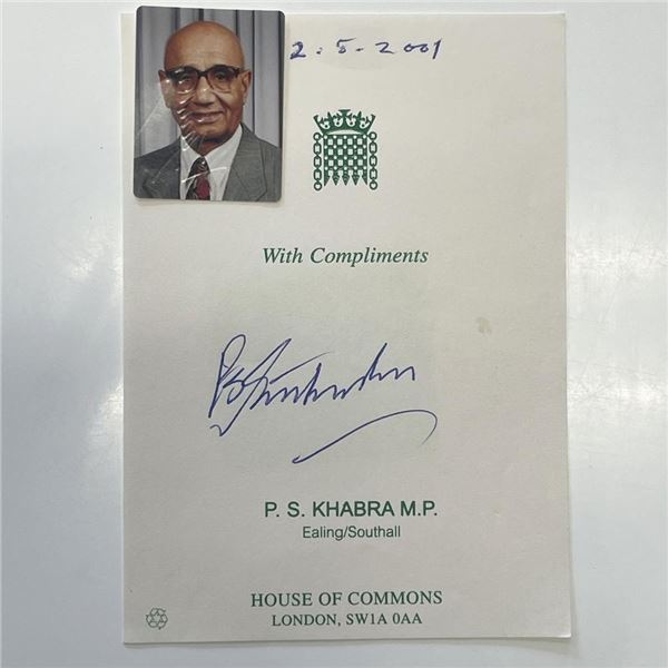 British Labour politician Piara Khabra signed note with photo