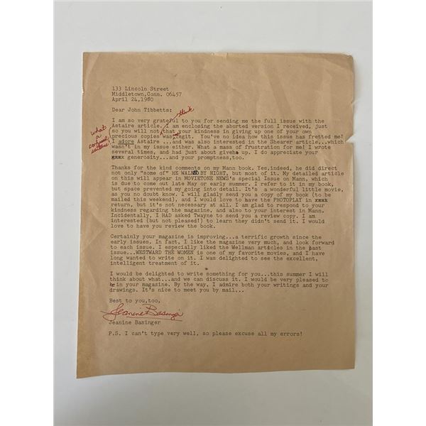 Professor Jeanine Basinger signed typed letter