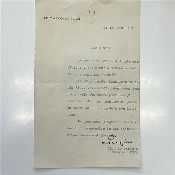 MarÃ©chal Foch Private Secretary signed 1919 letter