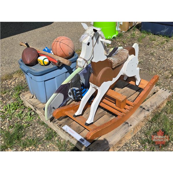 PALLET LOT : Kids Combo : Rocking Horse, Balls & Bat, Rackets, Wake Board, etc