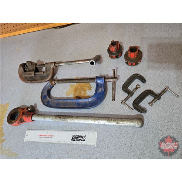 Ridgid Pipe Threader (3/4" & 1/2" Dies), Ridgid No. 1 and 2 Pipe Cutter, 8"C-Clamp & 2" C-Clamps (2)