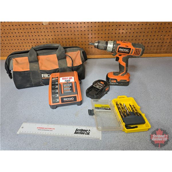 Ridgid Cordless 18V Drill w/Charger, Batteries (2) & Case