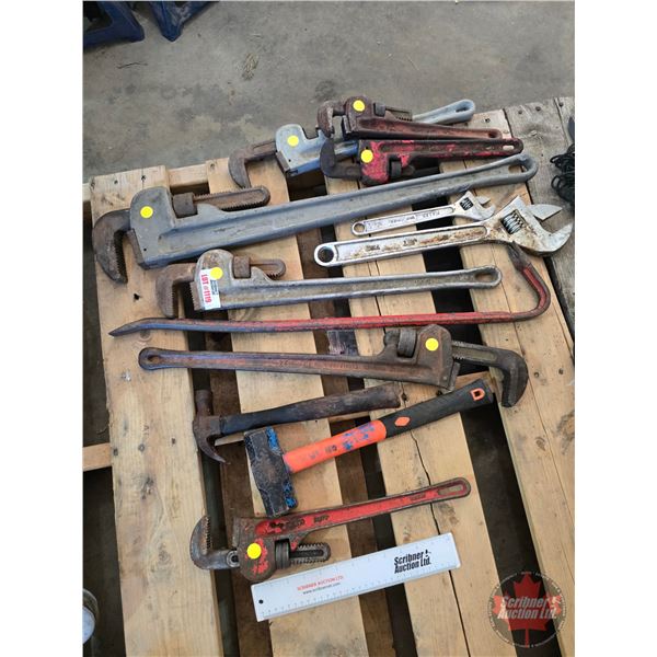 Pipe Wrenches (7), Crescent Wrenches (2), Sledge Hammer (4lb) & Gooseneck Bar