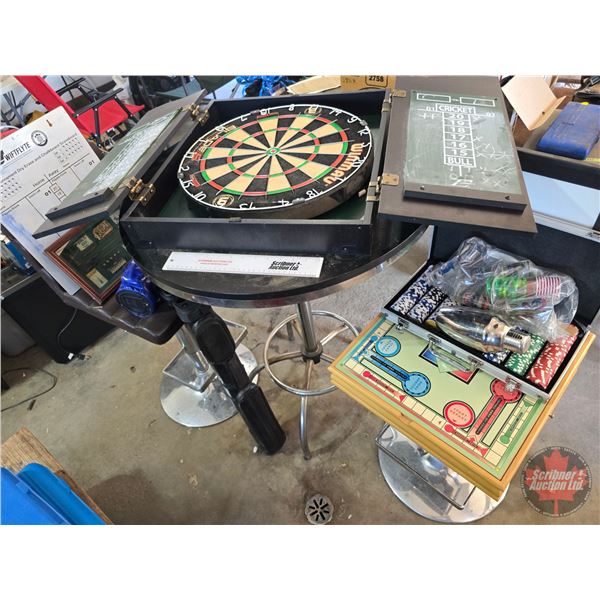 Games Room Combo : Bar Table & Chairs, Dart Board, Shot Glasses, Poker Chips, Pool Cue, Golf Decor,