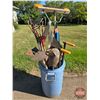 Image 1 : Trash Can w/Brooms, Shovels, Squeegee, Potato Fork, Scraper, etc