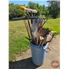 Image 2 : Trash Can w/Brooms, Shovels, Squeegee, Potato Fork, Scraper, etc