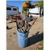 Image 4 : Trash Can w/Brooms, Shovels, Squeegee, Potato Fork, Scraper, etc