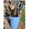 Image 5 : Trash Can w/Brooms, Shovels, Squeegee, Potato Fork, Scraper, etc