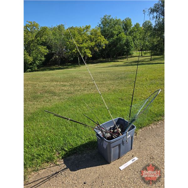 Tote Lot : Fishing Rods, Net, Inflatable PFD (Flotation Device)w/CO2 Catridge, etc