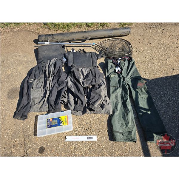 Fishing Combo : Rain Suit, Bazuka Fishing Rod Case, Tackle Organizer, Net, etc
