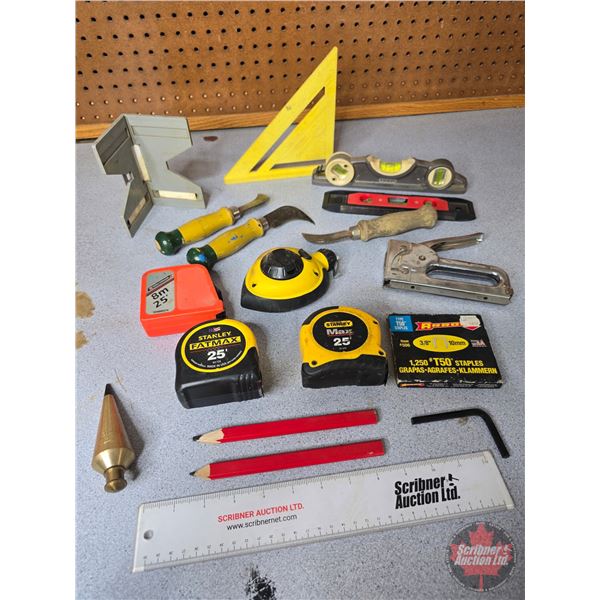 Speed Square, Post Leveler, Calk Line, Tape Measures, etc