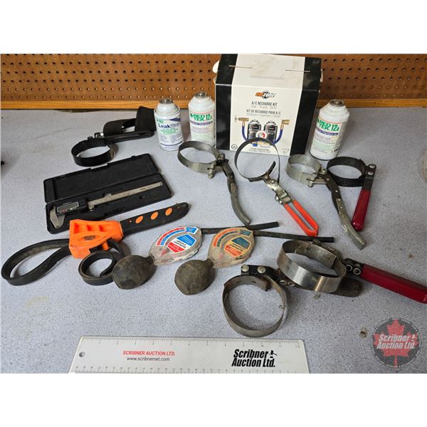 A/C Recharge Kit, Digital Calipers, Oil Filter Wrenches & Antifreeze Testers