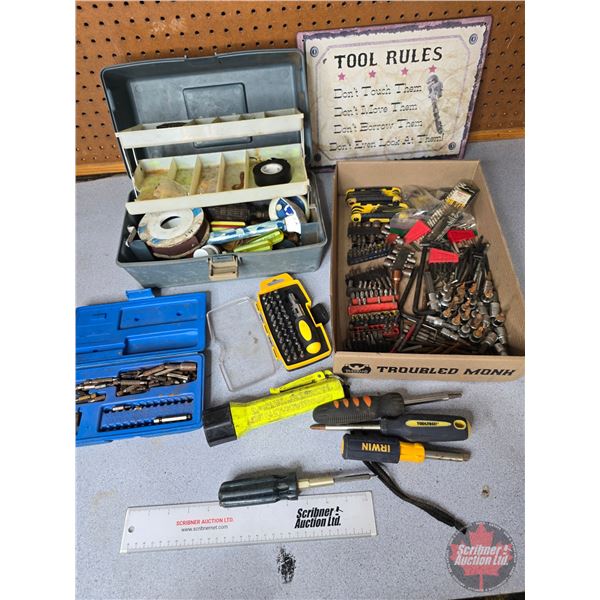 Screw Drivers, Screw Driver Bits, Allen & Torx Sockets, Flashlight, Tin Sign, etc